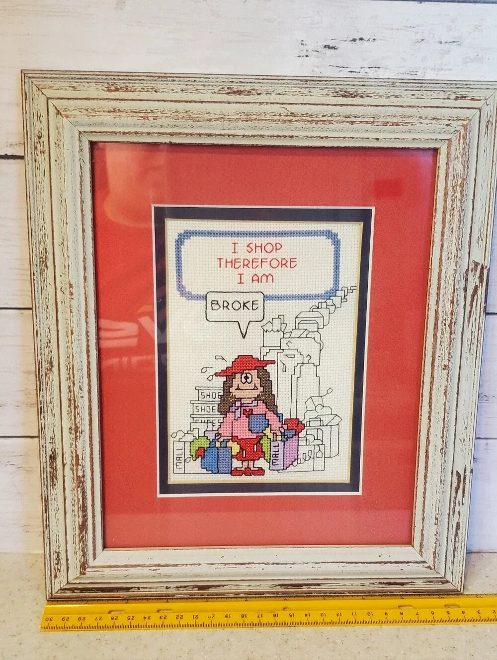Vintage Cathy Cross Stitch Needlepoint Framed Humor Art Cottagecore Grandmacore